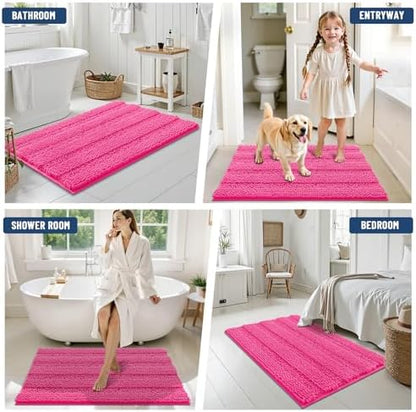 Grandaily Chenille Striped Bathroom Rugs 24x16, Extra Thick and Absorbent Bath Mats, Non-Slip Soft Plush Shaggy Shower Carpet, Machine Wash Dry, Bath Rug for Bathroom, (Small, Deep Pink)