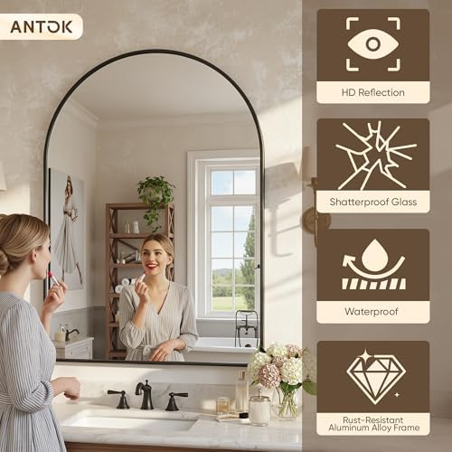 Antok Arched Bathroom Mirror, 20"x30" Wall Mounted Mirror, Vanity Mirrors for Over Sink, Aluminum Alloy Frame Bathroom Mirrors Living Room, Bedroom and Entryway, Black