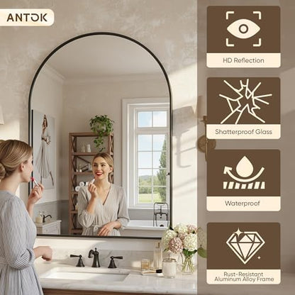 Antok Arched Bathroom Mirror, 20"x30" Wall Mounted Mirror, Vanity Mirrors for Over Sink, Aluminum Alloy Frame Bathroom Mirrors Living Room, Bedroom and Entryway, Black