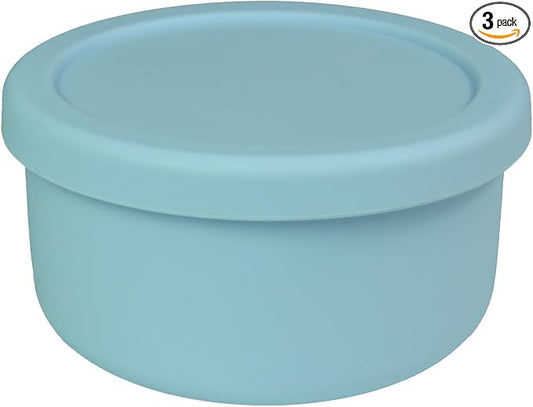24 fl oz Silicone Food Storage Container with Lid, Round Portable Airtight Salad Bowl, Reusable Meal Prep Bowl for Soup Stew Leftovers, Microwave Fridge Dishwasher Safe, BPA Freee(Grayish blue 3 Pack)