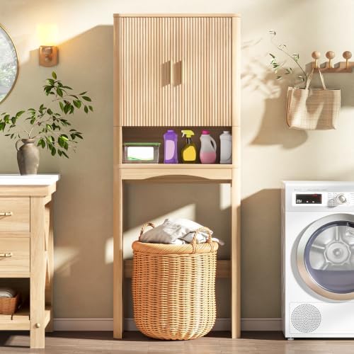 Vabches Farmhouse Over Toilet Storage Cabinet with 2 Fluted Doors,Natural