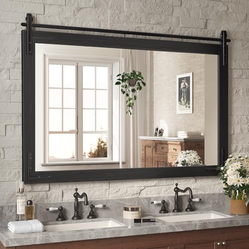 Farmhouse Bathroom Mirror, 48"x30" Black Farmhouse Mirror with Rustic Wood Framed, Barn Door Vanity Mirrors for Wall, Vintage Decorative Mirrors for Entryway,Living Room,Bedroom