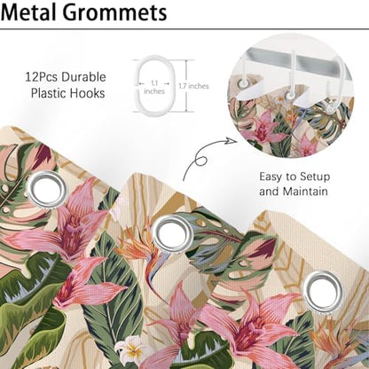 Tropical Shower Curtain Waterproof Fabric Bathroom Curtain with Hooks 72x72 inch, Colorful Floral Jungle Plant Leaf Bathroom Decor