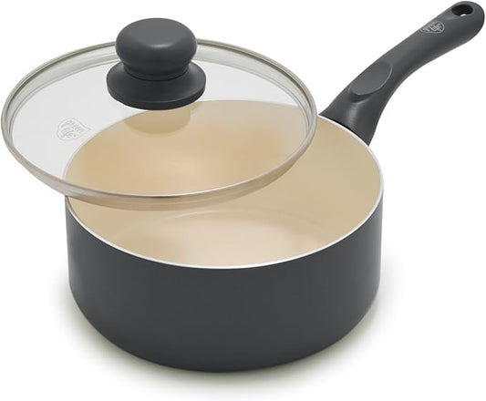 GreenLife 2 Quart Nonstick Saucepan with Lid, Non-Toxic Ceramic Pot, Dishwasher Safe, Stay-Cool Handle, Induction Ready, Fast Heating, PFAS Free, Easy Clean, Graphite Black