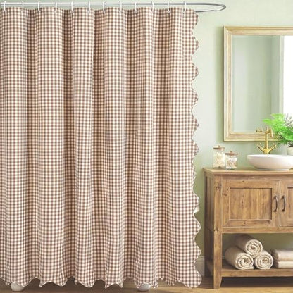 HunnmingRe Scalloped Gingham Shower Curtain Taupe