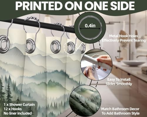 Sage Green Forest Shower Curtain, 72x72 in, Mountain Rustic Pine Tree