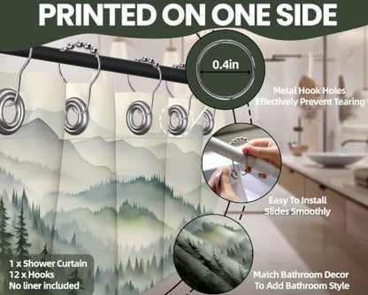 Sage Green Forest Shower Curtain, 72x72 in, Mountain Rustic Pine Tree