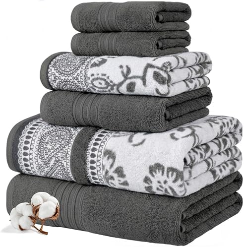 Modern Threads 6 Piece Bath Towel Set – Bathroom Set with 2 Bath Towels, 2 Hand Towels, and 2 Wash Cloths – 100% Cotton, Super Absorbent & Extra Soft – Reversible Floral Trail (Gray)