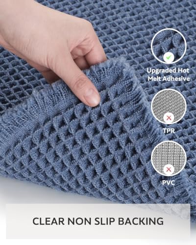 Waffle Bath Mat Rug, Super Absorbent Non Slip Bath Mats for Bathroom Mat Ultra Soft Bathmat Machine Washable Bathroom Rugs with Tassels, Bath Rugs for Bathroom Floor Beside Tub, 18" x 30", Blue