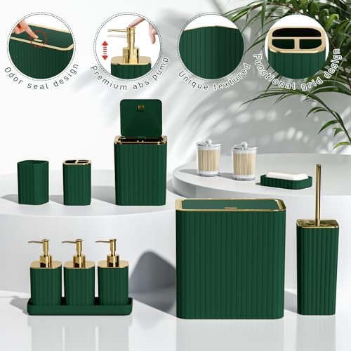 Bathroom Sets with Shower Curtain and Rugs - Elegant Bathroom Set, 27PC Bathroom Accessories Set, Green Bathroom Set, Mini Trash Can, Toilet Brush, Trash Can & Soap Dispenser