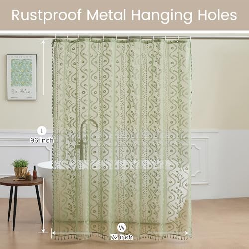WAZZIO Sage Green Lace Shower Curtain - Vintage Pretty Floral Sheer Shower Curtains, Elegant Decorative Tassel Bath Curtains for Bathroom, 72 x 96 Inch, 1 Piece