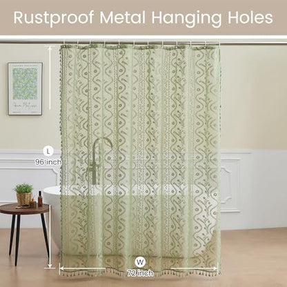 WAZZIO Sage Green Lace Shower Curtain - Vintage Pretty Floral Sheer Shower Curtains, Elegant Decorative Tassel Bath Curtains for Bathroom, 72 x 96 Inch, 1 Piece