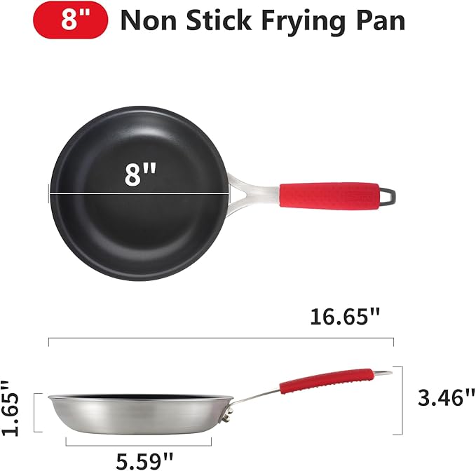 8 Inch Nonstick Frying Pan, Tri-Ply Clad Stainless Steel Skillet with Reinforced Coating, Detachable Handle with Silicone Sleeve, Dishwasher & Oven Safe, Induction Compatible, PFOA-Free