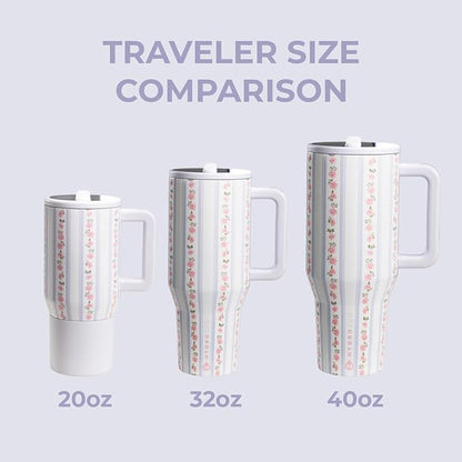 HydroJug Traveler - 40 oz Water Bottle with Handle & Flip Straw - Fits in Cup Holder, Leak Resistant Tumbler-Reusable Insulated Stainless Steel & Rubber Base - Gifts for Women & Men, Primrose