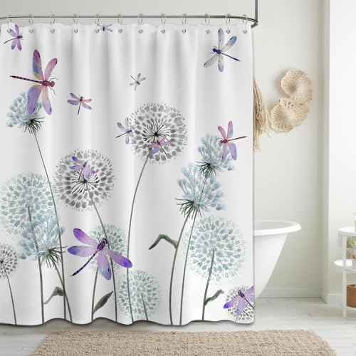 Dandelion Shower Curtain Purple Dragonfly Grey White Shower Curtains for Bathroom Decor, Waterproof Cloth Fabric with Hooks 70" W x 72" L
