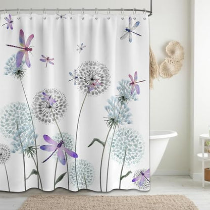 Dandelion Shower Curtain Purple Dragonfly Grey White Shower Curtains for Bathroom Decor, Waterproof Cloth Fabric with Hooks 70" W x 72" L