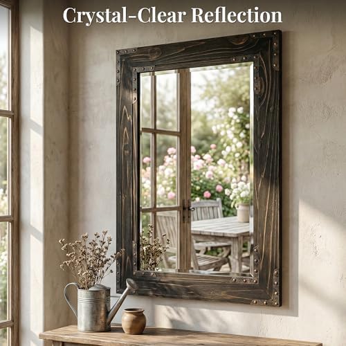 Rustic Black 24x36 Inch Wood Bathroom Vanity Mirror, Rivets