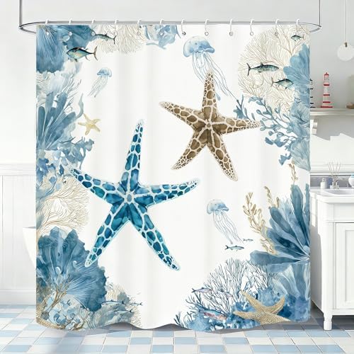 Blue Beach Shower Curtain for Bathroom, Ocean Coastal Theme, 72x84 In