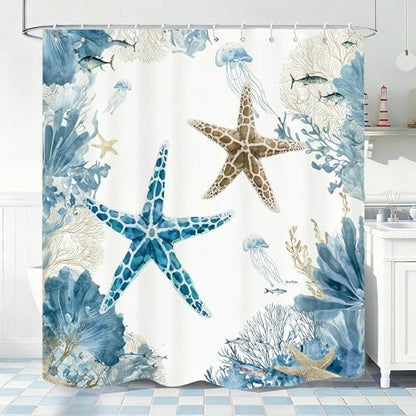 Blue Beach Shower Curtain for Bathroom, Ocean Coastal Theme, 72x84 In