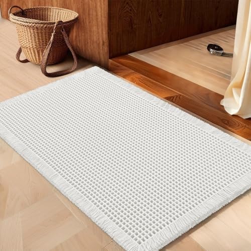 IM HOME Waffle Bath Mat White 32"x20", Boho Woven Modern Bath Mat Rugs, Absorbent Non Slip Bathroom Rugs, Soft Washable Bath Rugs with Tassels for Bathroom, Bedroom, Kitchen, Shower, Tub