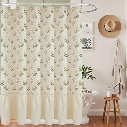 ORTIGIA Linen Textured Ruffle Shower Curtain 72x72 Inch with Metal Hooks, Vintage Pink Floral Flowers Block Print Boho Waterproof Bath Curtain for Rustic Farmhouse Bathroom Decor