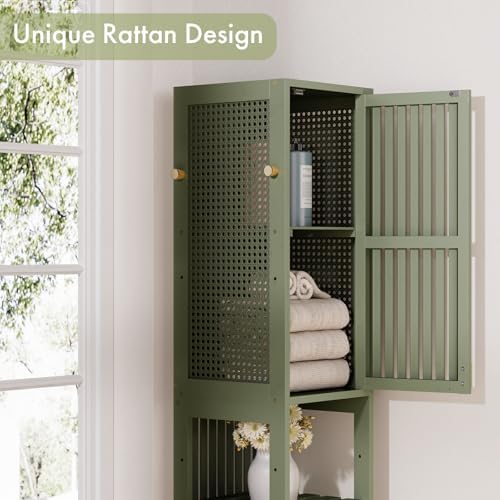 Amazer Tall Bathroom Storage Cabinet 70'', Freestanding Cabinet Storage with Rattan Door and Adjustable Shelves, Bamboo Narrow Storage Cabinet Organizer for Living Room Kitchen, Forest Green