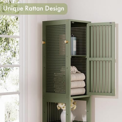 Amazer Tall Bathroom Storage Cabinet 70'', Freestanding Cabinet Storage with Rattan Door and Adjustable Shelves, Bamboo Narrow Storage Cabinet Organizer for Living Room Kitchen, Forest Green