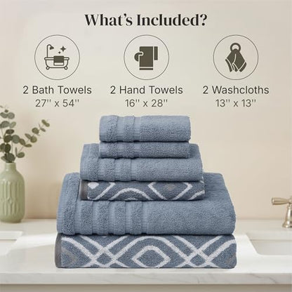 Modern Threads 6 Piece Bath Towel Set – Bathroom Set with 2 Bath Towels, 2 Hand Towels, and 2 Wash Cloths – 100% Cotton, Super Absorbent & Extra Soft – Reversible Classic Diamond (Blue)