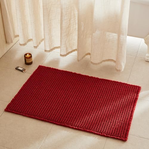 TYUU Waffle Bath Mat, Boho Bathroom Rugs Non Slip, 36x24 Burgundy