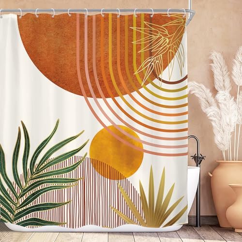 Mid Century Orange Boho Abstract Retro Gold Bathroom Shower Curtain Set