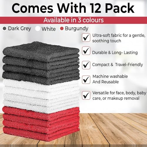 QUBA LINEN 100% Cotton Washcloth Set – Soft, Absorbent Face Towels for Bathroom & Gym Use – Durable & Reusable Wash Cloths - Dark Grey, White & Burgundy, 12x12 Inches, Pack of 12