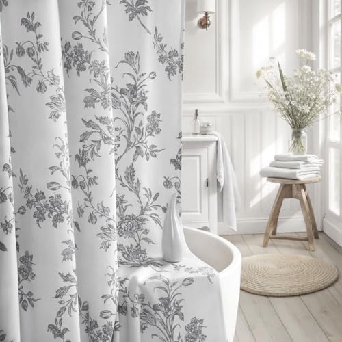 Grey Floral Shower Curtain,Vintage Cotton Cottagecore Gray Shower Curtains for Bathroom, 72" W x 72" L