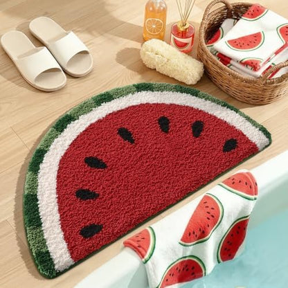 DEXI Cute Watermelon Bath Mat, Half Round Fruit Bathroom Rugs 43x24