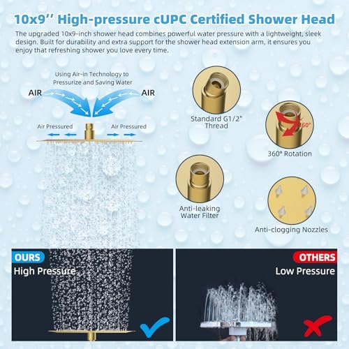 Hibbent All Metal CUPC Certified 10'' Rain Shower Head, Dual Shower Head Combo, High Pressure Handheld 4 Sprays Shower Wand, 16'' Adjustable Extension Arm, 71'' Hose, Shower Holder, Brushed Gold