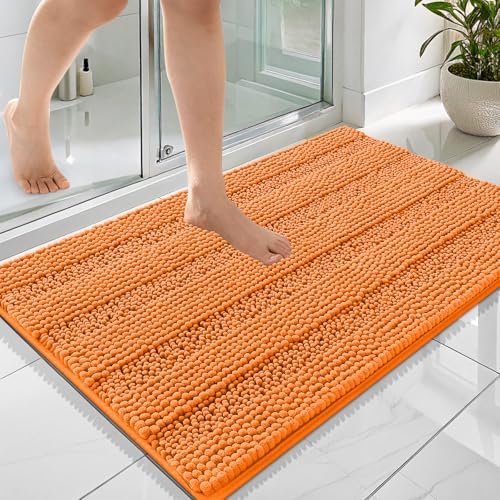 OLANLY Thick Bathroom Rugs 36x24, Soft Chenille Striped Bath Rugs, Orange