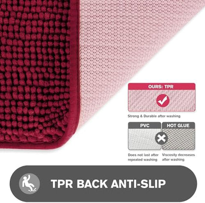 Vivid Burgundy Bathroom Rugs – Absorbent and Washable Bath Mat, Non-Slip, Thick Soft Chenille Bath Rugs for Bathroom Floor, Shower, Sink - 20" x 32"