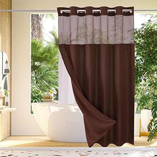 Gibelle No Hook Cloth Brown Shower Curtain with Liner, 72x74