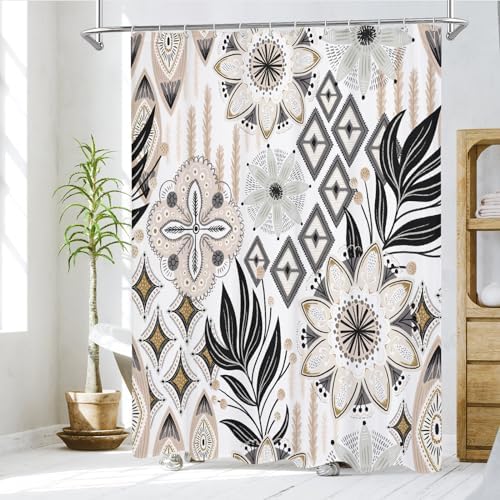 Boho Floral Shower Curtain, White Botanical Fabric Curtain, 72 x 72