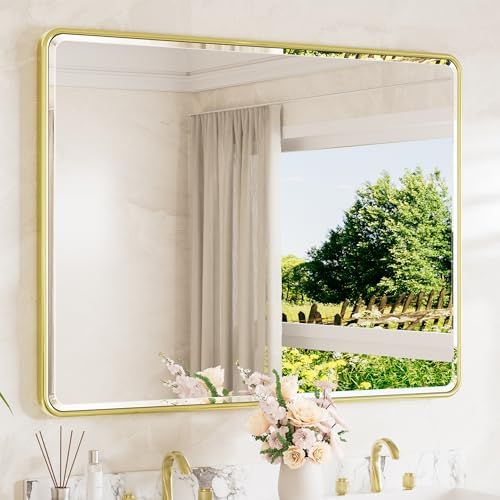 TETOTE Brushed Gold Wall Mirror 48 x 36 Beveled Edge Tempered Glass, Rounded Corner Rectangle Framed Mirror for Modern Bathroom, Living Room, Bedroom, Entryway