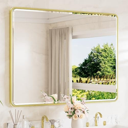 TETOTE Brushed Gold Wall Mirror 48 x 36 Beveled Edge Tempered Glass, Rounded Corner Rectangle Framed Mirror for Modern Bathroom, Living Room, Bedroom, Entryway