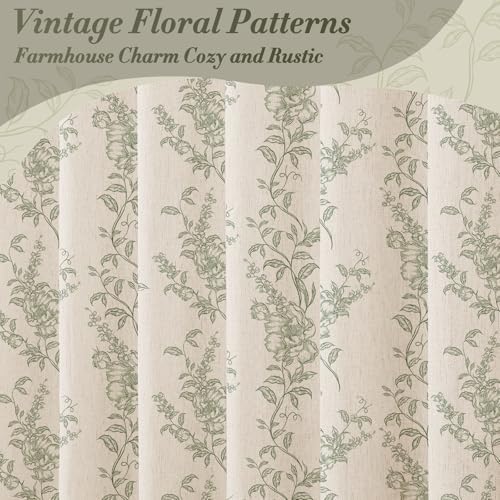 Sage Linen Farmhouse Shower Curtain, Boho Floral Bathroom 72x84