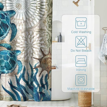 Nautical Beach Ocean Shower Curtain, Cute Tropical Coastal Sea Turtles Shower Curtains for Bathroom, Waterproof Bath Curtain with Hooks Machine Washable Bathtub Curtains 60x72 Inch Blue Teal