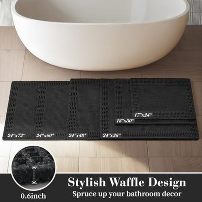RESARE Waffle Bathroom Runner Rugs, Non Slip Boho Bath Mat 24"x72" Black