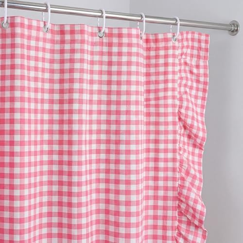 HunnmingRe Ruffled Gingham Shower Curtain Pink