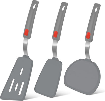 Silicone Spatula Turner Set of 3, Beijiyi 600°F Heat Resistant Cooking Spatulas for Nonstick Cookware, Large Flexible Kitchen Utensils BPA Free Rubber Spatula Set for Egg, Pancake, Fish (Gray)