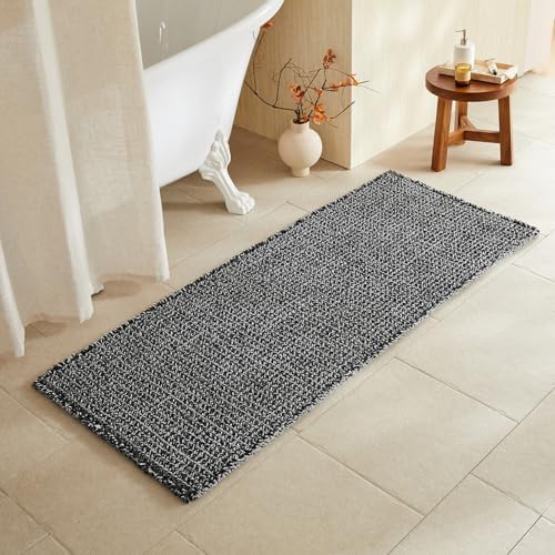 TYUU Waffle Runner Rug Bathroom, Long Boho Bath Mat, 60x24 Black & White