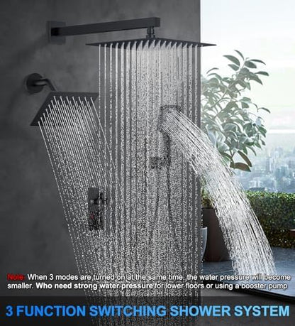 WOINDO Shower Faucet Set, 10" Wall Mount Rainfall Shower System with 2 Rain Shower Head and Multi-function Handheld Head Push Button Diverter Shower Faucet Trim Kit