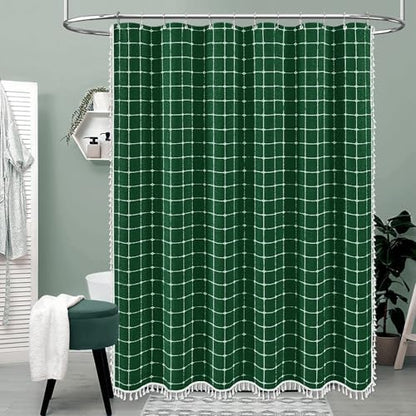 BTTN Long Boho Farmhouse Linen Fabric Shower Curtain, 72x84, Emerald Green