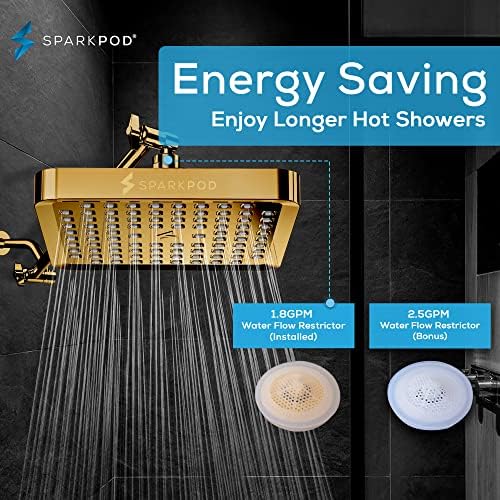 SparkPod Rain Shower Head, 6 Inch Square, Egyptian Gold Finish