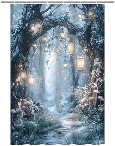 Fantasy Forest Path Shower Curtain Winter Fairy Magical Enchanted Misty Jungle Mushroom Floral Tree Butterfly Lantern Wonderland Bath Curtain Fabric Bathroom Accessories Decor with Hooks 47W x63L
